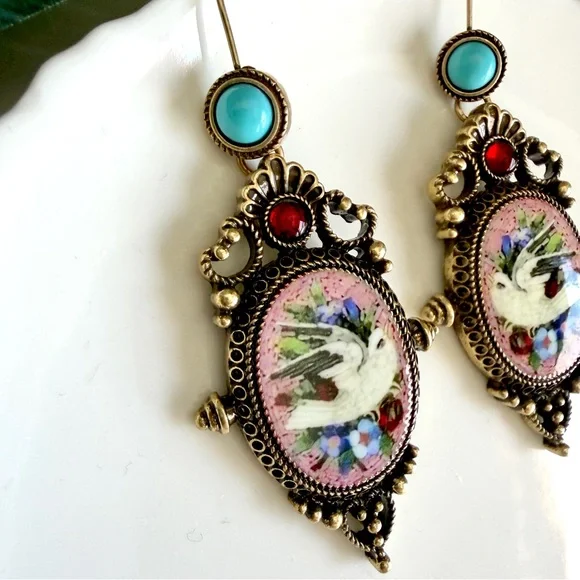 Vintage Style Dove Bird Baroque Earrings Micro Mosaic Style Floral Ornate NEW - Picture 10 of 13